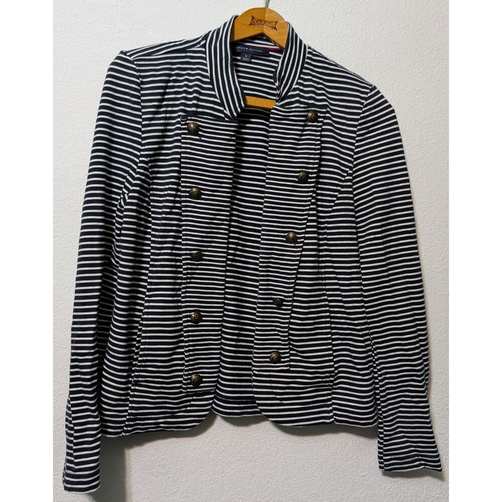 Tommy Hilfiger Double Breasted Navy White Stripe Blazer Gold Buttons Size M (584